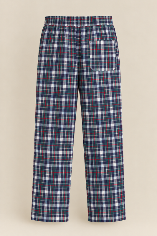 VYRON navy green and red plaid cotton trousers for men back view