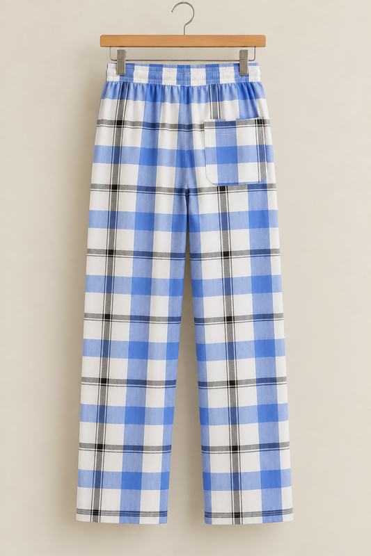 Blue & White Checked Cotton Trousers Back view