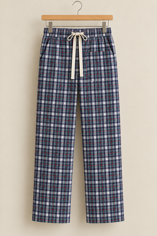 VYRON navy green and red plaid cotton trousers for men front view