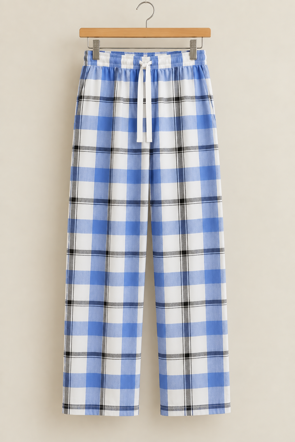 Blue & White Checked Cotton Trousers Font view