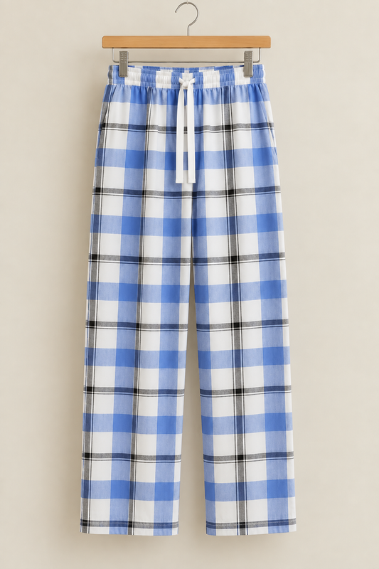 Blue & White Checked Cotton Trousers Font view
